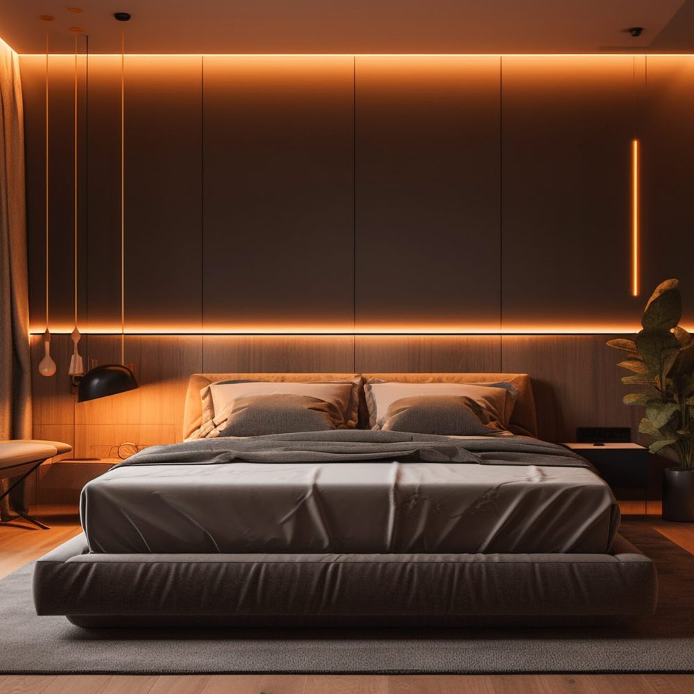 Luxury modern bedroom with comfortable bedding and lighting generated by artificial intelligence